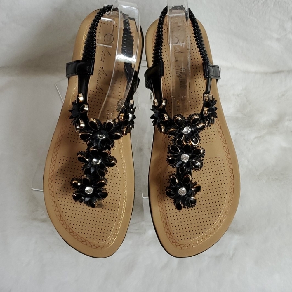 ANNA ALMEIDA BLACK & GOLD FLORAL SANDALS 👡 - Picture 3 of 7